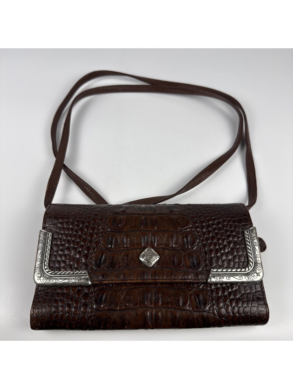 Brighton Croc Embossed Leather Crossbody Wallet Purse Brown Western Silver Trim